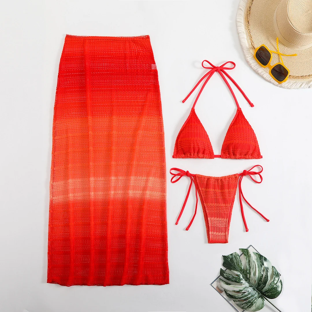 Uveng 2025 New Gradient Mesh Three-Piece Beach Dress Sexy Bikini