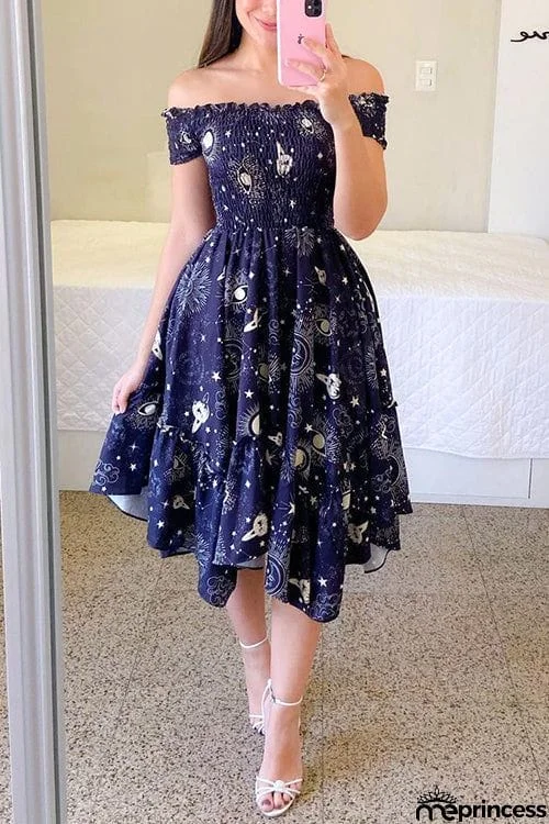 Shirred Bodice Off Shoulder Flap Asymmetric Dress