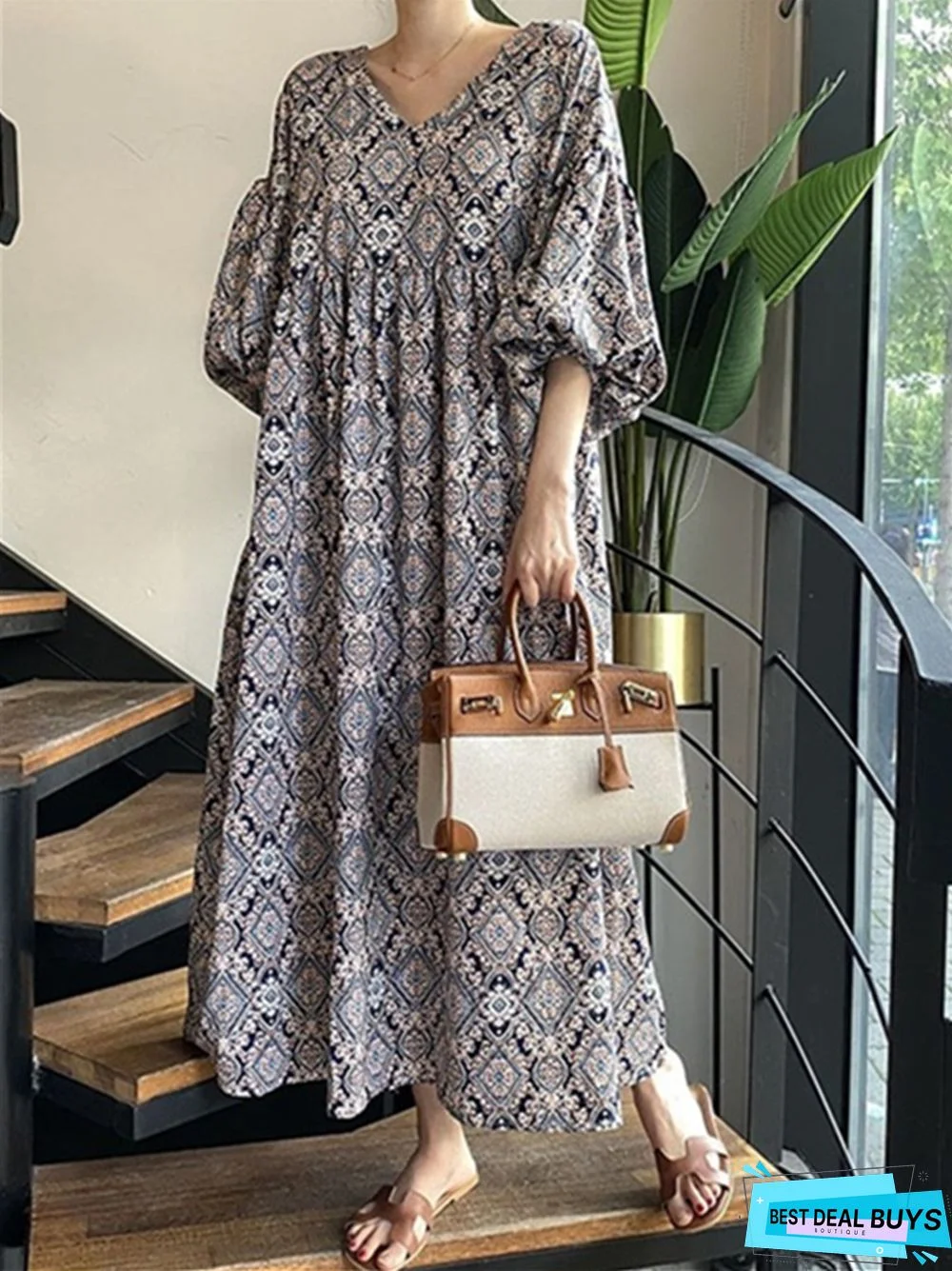 Printed V-Neck Loose Swing Lantern Sleeve Dress