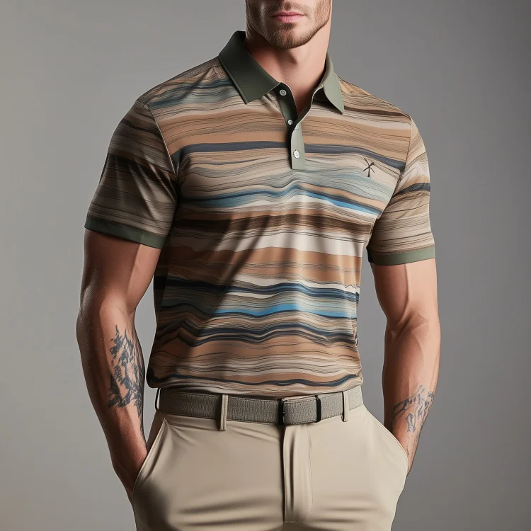 Okaywear Allover Stripes Pattern Half Button Polo Shirt 