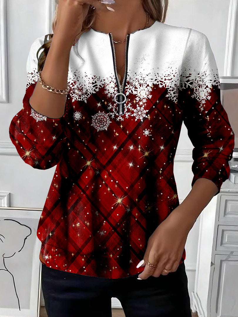 Women Long Sleeve Scoop Neck Snowflake Printed Graphic Zipper Tops