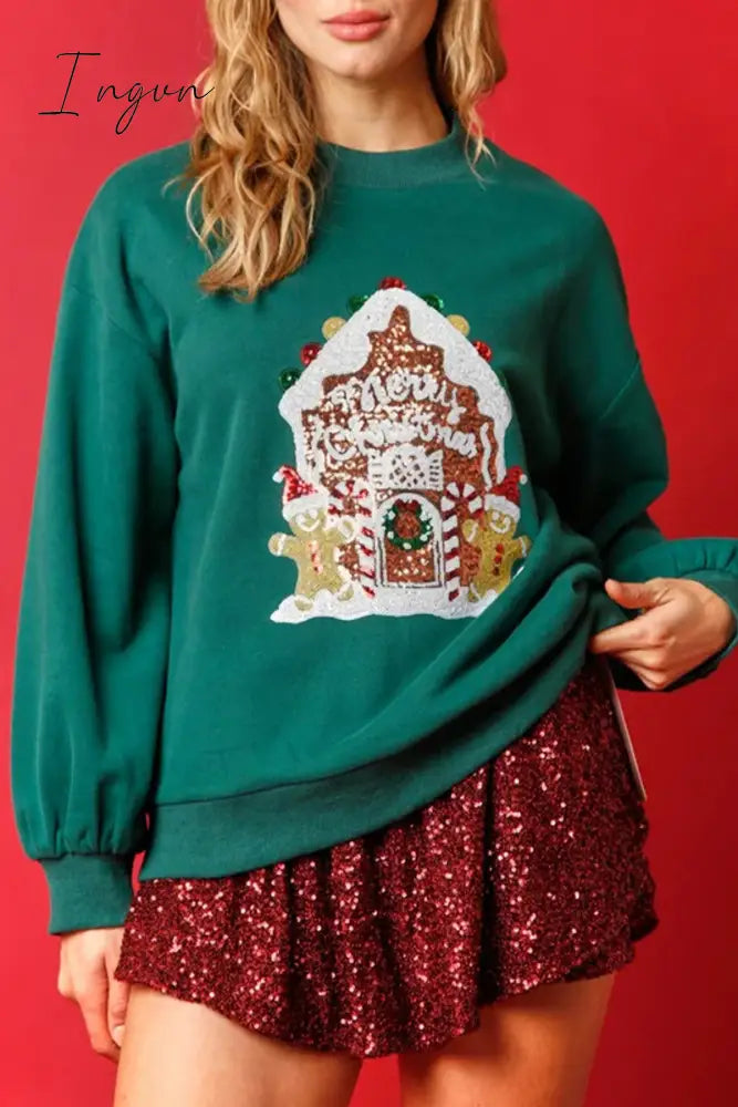 Ingvn - Casual Solid Sequins O Neck Tops Green / S Tops/Sweats & Hoodies
