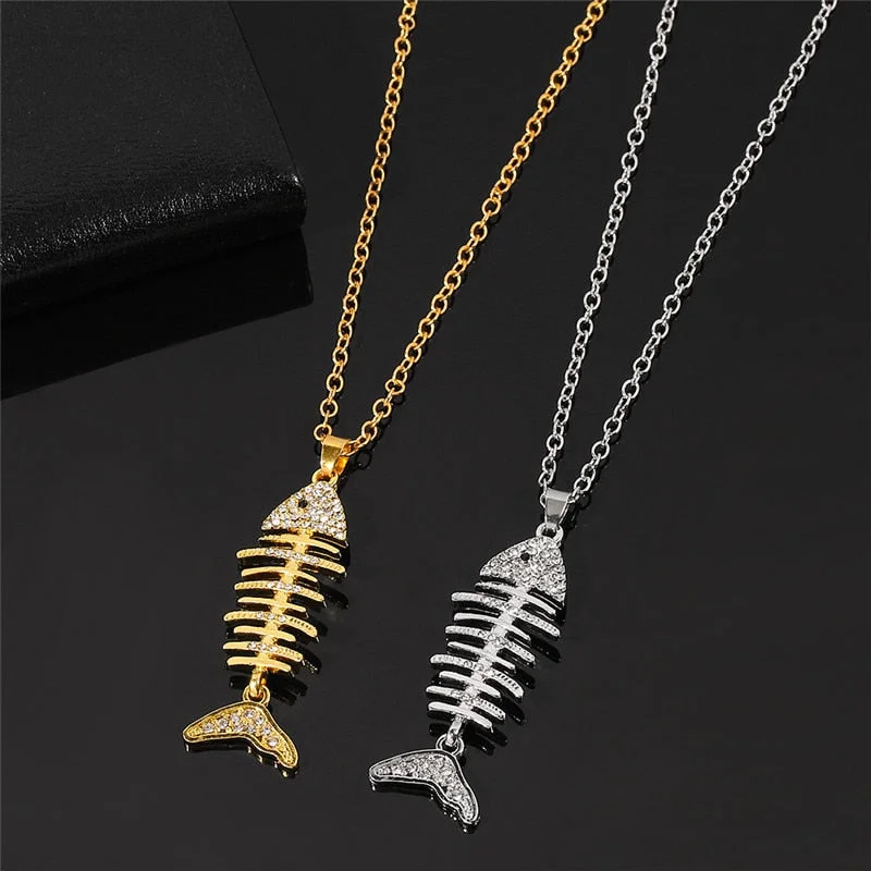 Buzzdaisy 2pcs/set Fish Bone With Crystal Pendant Necklaces