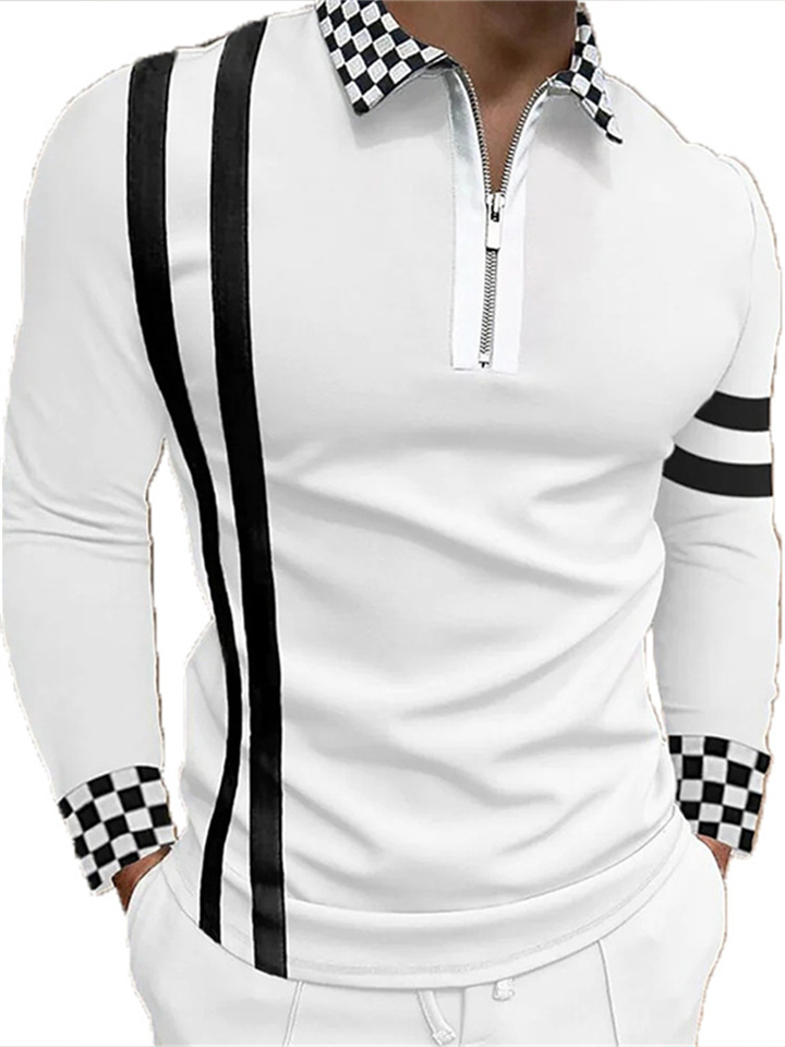 Men's Polo Shirt Golf Shirt Plaid Letter Graphic Prints Turndown Black White Yellow Light Green Red 3D Print Outdoor Street Long Sleeve Zipper Print Clothing Apparel Sports Fashion Streetwear Designer