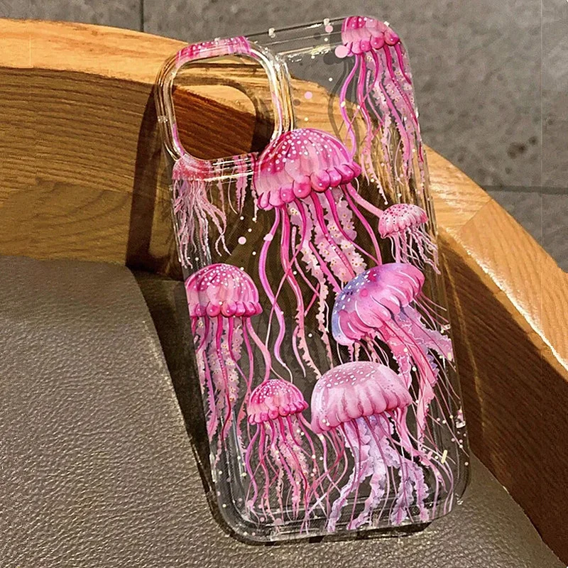Aonga Pink Jellyfish Oceanic Case For Samsung Galaxy A55 A54 A15 A14 A35 A52 A53 5G S24 S23 S22 Ultra Plus S23 FE Airbag Phone Cover aonga