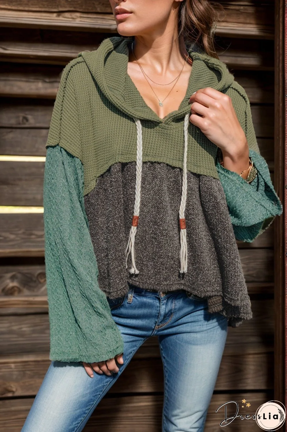 Waffle-Knit High-Low Color Block Hooded Long Sleeve Top