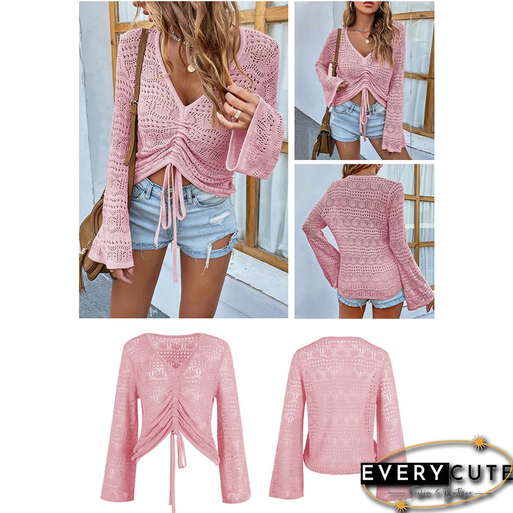 Pink V Neck Hollow-out Drawstring Crop Sweater