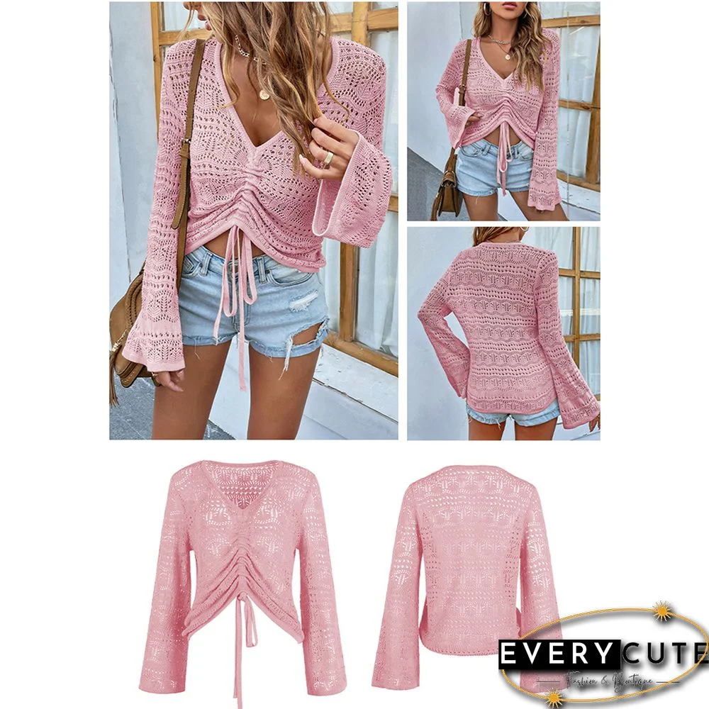 Pink V Neck Hollow-out Drawstring Crop Sweater