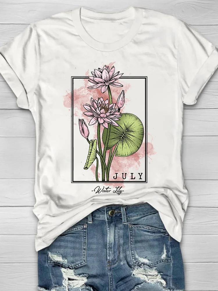 July Water Lily Printed Crew Neck Women's T-shirt