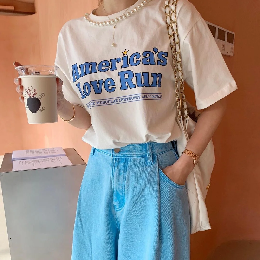 Toloer Toloer Chic Summer French Print Loose Casual Short-Sleeved T-Shirt-Outfit Ideas