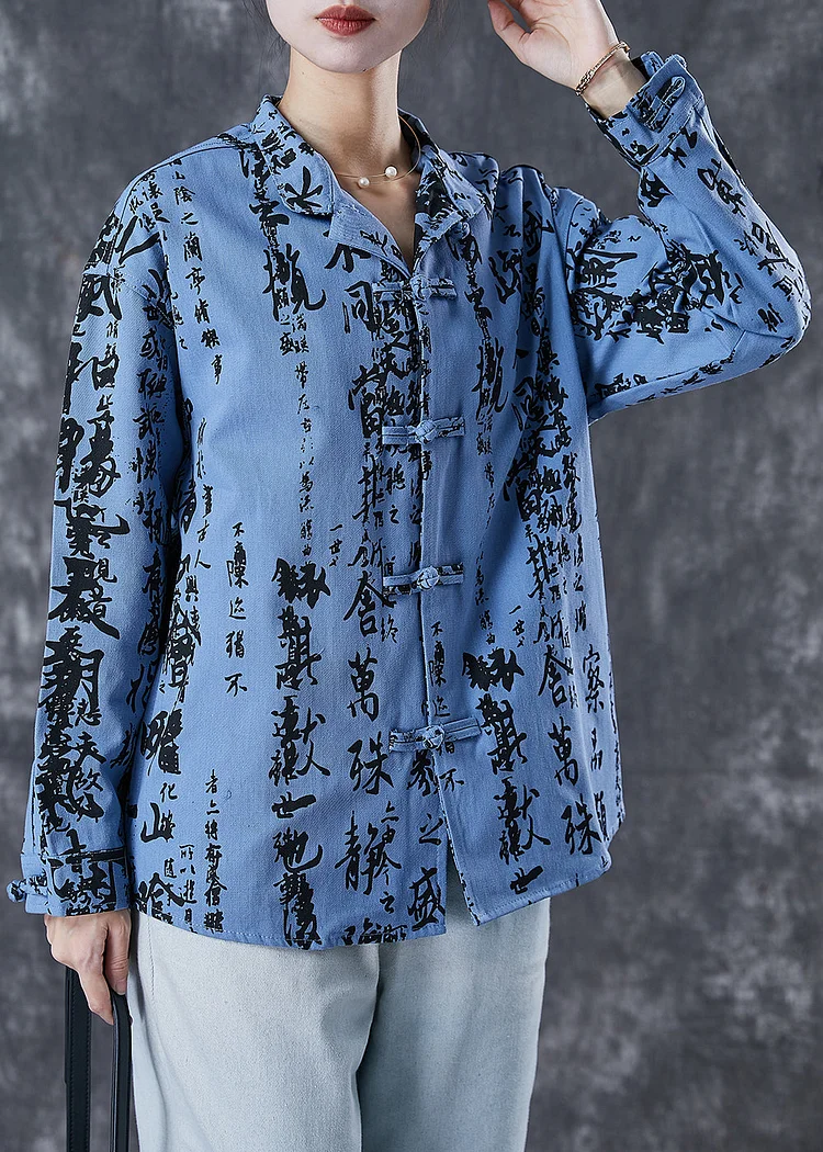 Blue Print Loose Cotton Blouses Chinese Button Spring