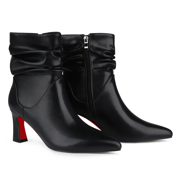 Women&rsquo;s  Pointed Toe 2.6" Block Heel  Slouchy Ankle Red Bottom Boots Ruched Side-Zip Dressy Booties VOCOSI VOCOSI