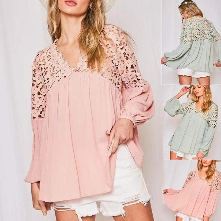 Loose V-Neck Lace Cutout Shoulder Chiffon Shirt
