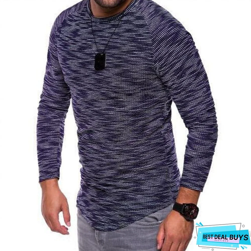 Fashion Slim Casual Long Sleeve T-Shirt Mens Autumn Fit Elastic Striped O-Neck Pullover Sexy T-Shirt