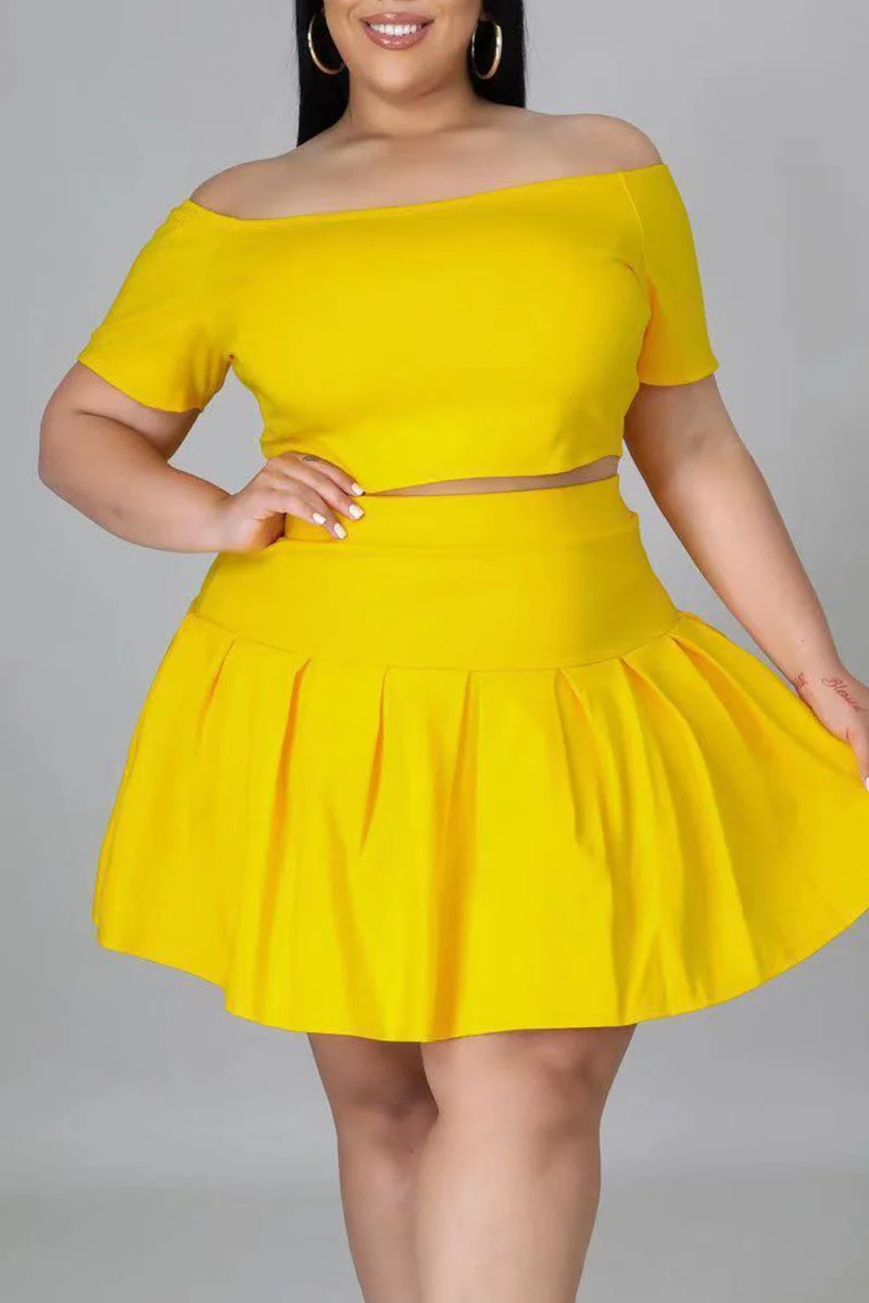 Yellow Casual Solid Patchwork Off the Shoulder A Line Plus Size Two Pieces