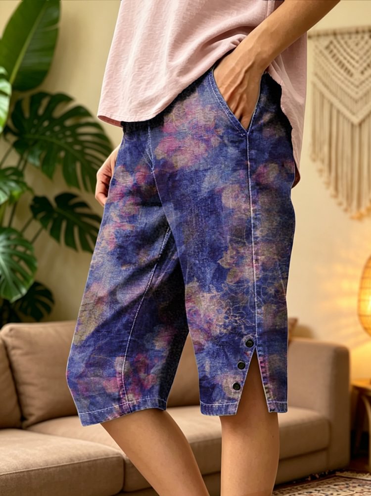 Women's Retro Floral Art Print Casual Washed Cotton Denim Shorts
