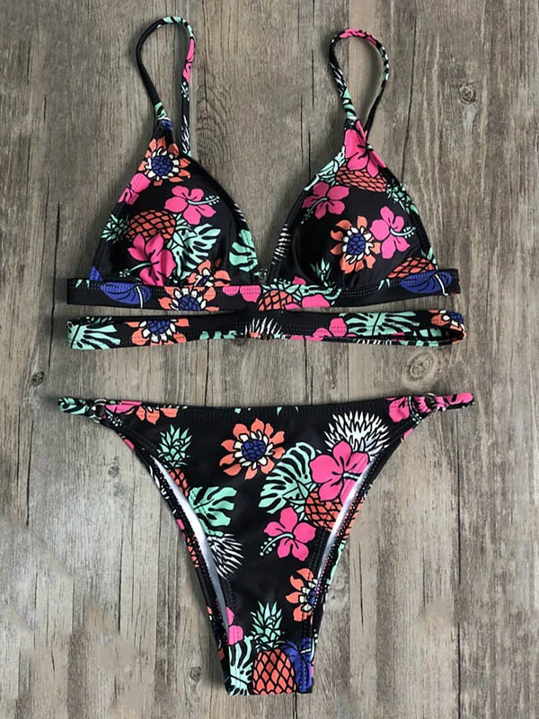 Floral Printed Triangles Bandage Split Bikini Swimsuit 