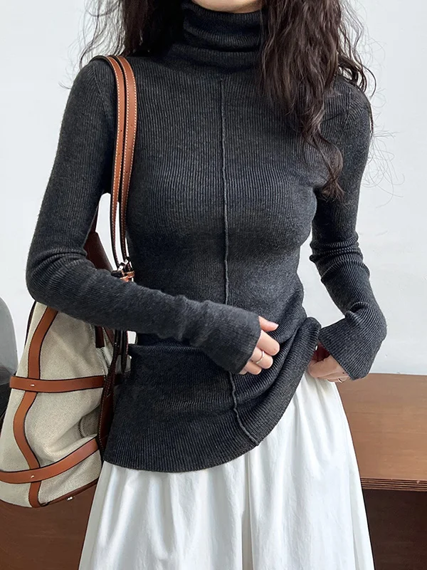 Long Sleeves Skinny Solid Color High Neck Pullovers Sweater Tops