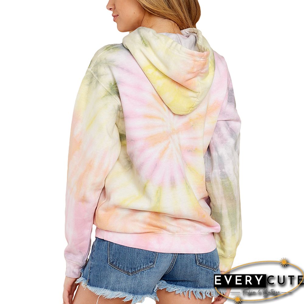 Yellow Tie Dye Print Drawstring Hoodie