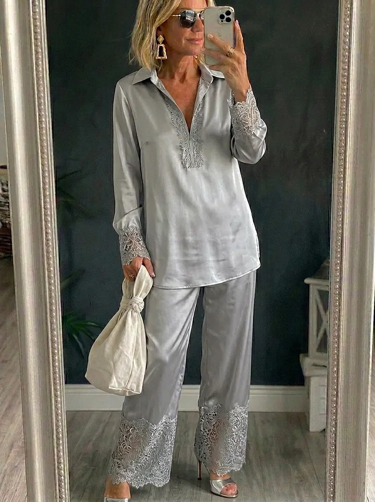 Women&rsquo;s Satin Urban Plain Split Joint Polo Collar Blouse With Trousers Two-piece Set