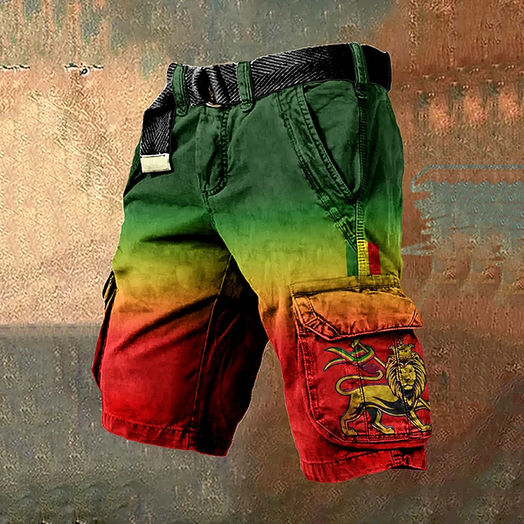 VChics Retro Reggae Lion Of Glory Gradient Art Print Men's Cargo Shorts