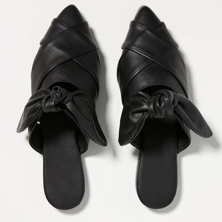 Women's Black Pointy Toe Cross Strap Flat Mules with Bow Decor |FSJ Shoes