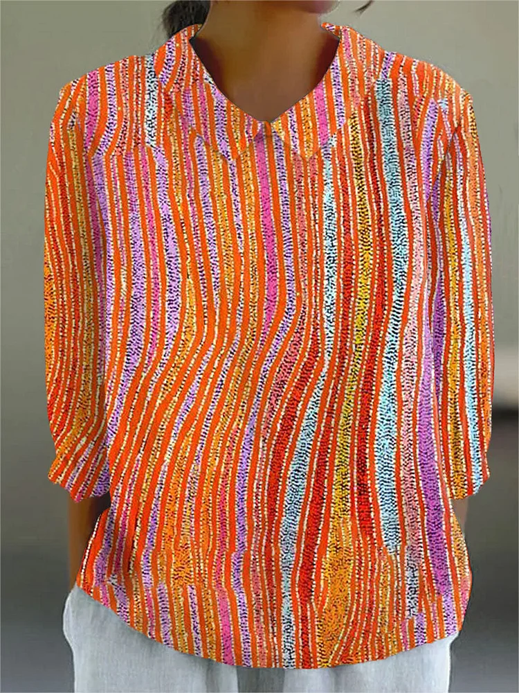 Women's Vintage Abstract Geometry Art Print Casual Cotton And Linen 3/4 Sleeve Shirt