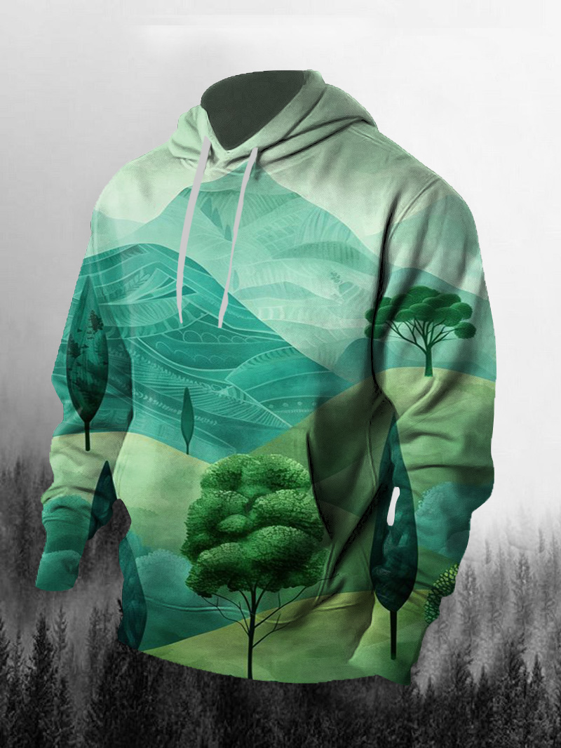 Men's Green Tree Mountain Print Hoodie