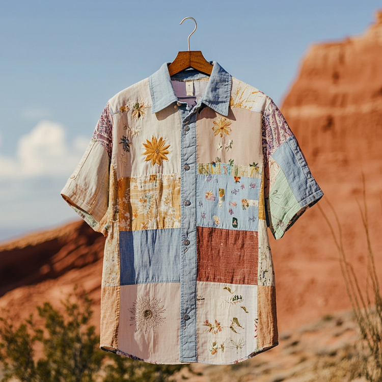 Men's Floral Applique Patchwork Art Casual Short Sleeve Shirts