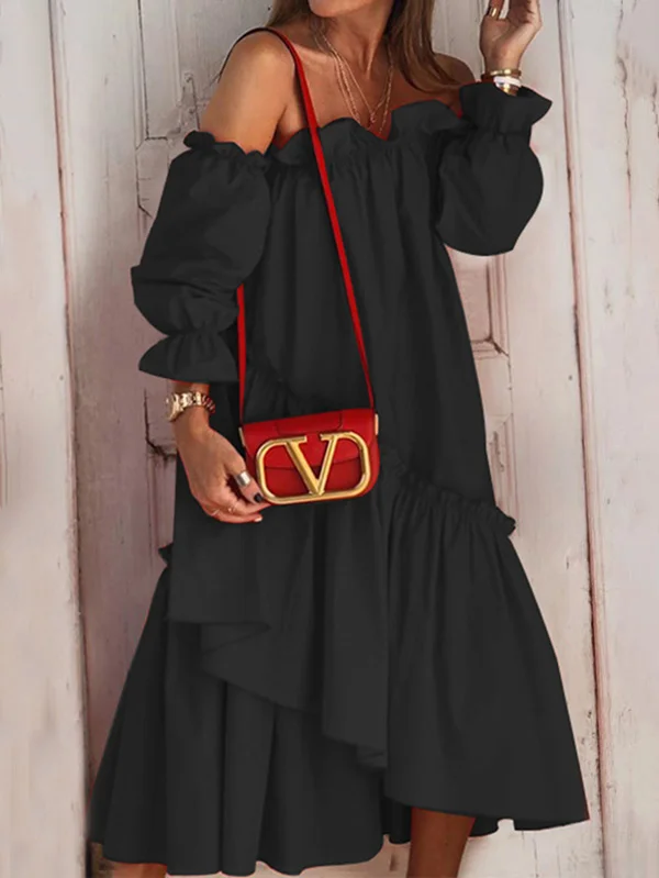 Falbala Irregular Clipping Long Sleeves Midi Dresses