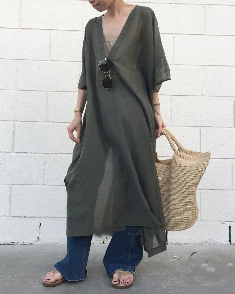 Semi Sheer Wide Sleeve V Neck Loose Maxi Dress