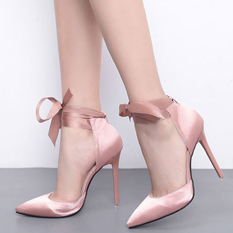 Elegant silky pointed closed toe ankle tie-up heels wedding bridesmaid heels