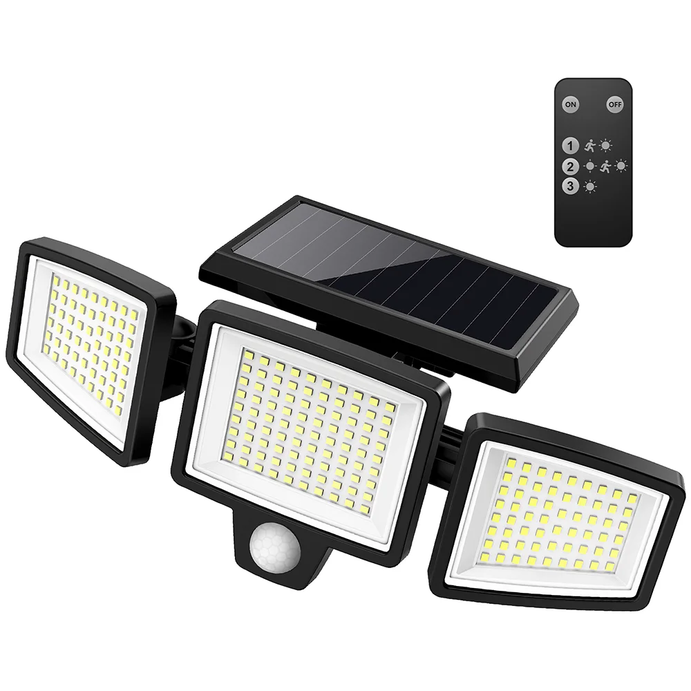 Solar Outdoor Lights ,Tuffenough 2500LM 210 LED Security Lights with Remote  Control,3 Heads Motion Sensor Lights, IP65 Waterproof,270° Wide Angle Flood  Wall Lights with 3 Modes(1 Packs)