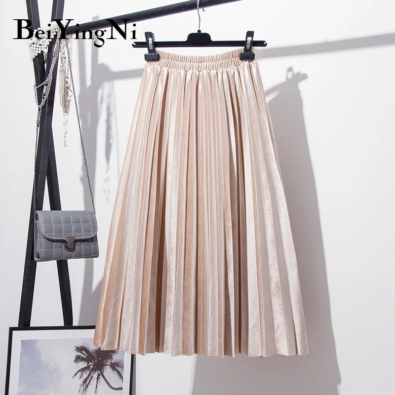 Beiyingni Velvet Skirts Womens Vintage Autumn Winter Warm Pleated Midi High Waist Skirt Solid Color Casual Korean Style Faldas