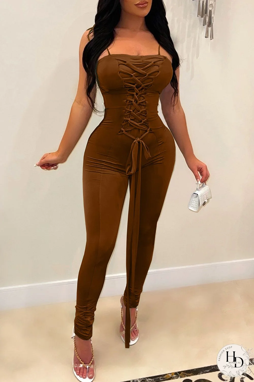 Brown Fashion Sexy Solid Bandage Backless Spaghetti Strap Skinny Jumpsuits