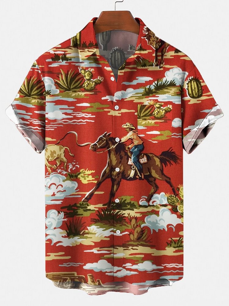 Men's Retro Cowboy Pocket Equestrian Casual Loose Comfortable Shirt