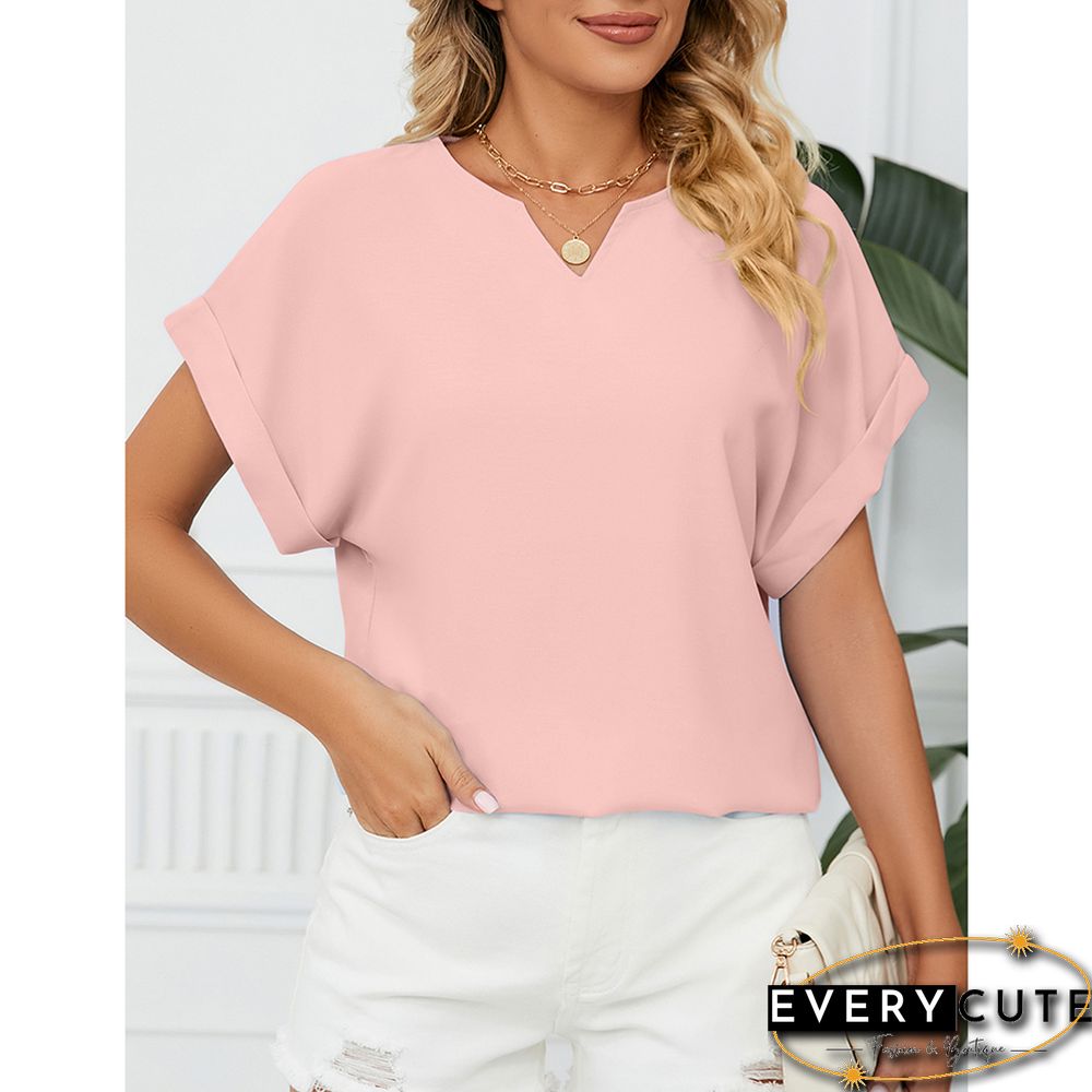 Pink Solid V Neckline Short Sleeve Tops