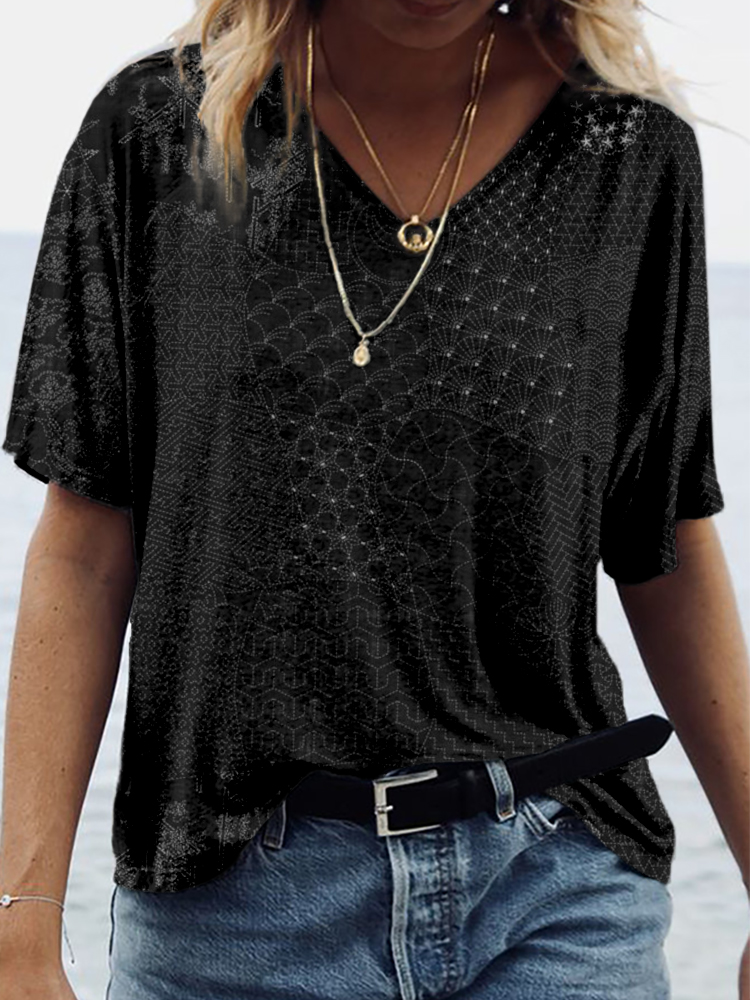 Comstylish Japanese Traditional Sashiko Art V Neck Comfy T Shirt