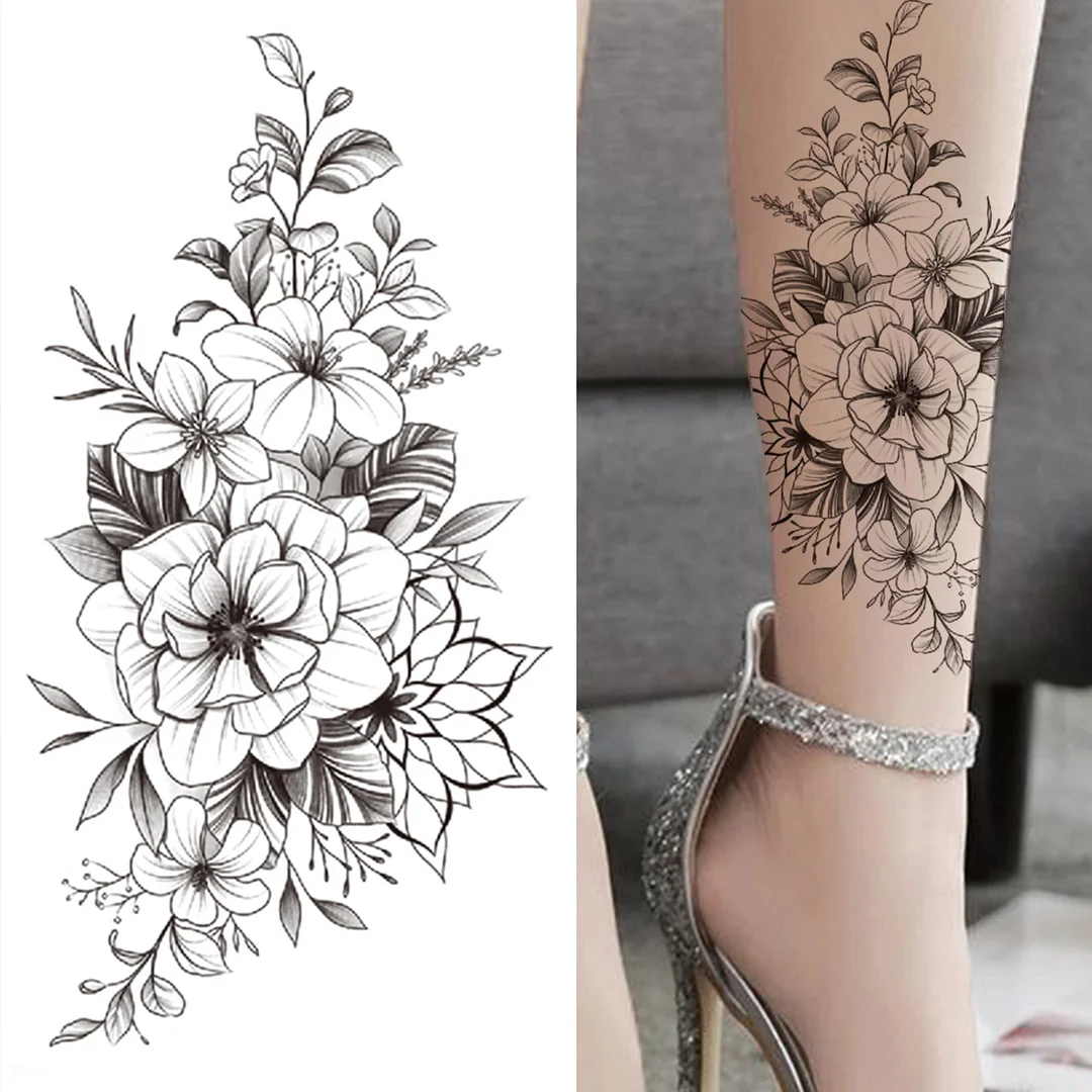 Large Death Skull Snake Flower Temporary Tattoos For Women Men Adult Skeleton Fake Rose Tattoo Sticker Black Peony Body Tatoo