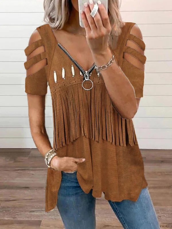 Vintage Western Fringe Graphic Hollow Shoulder T Shirt