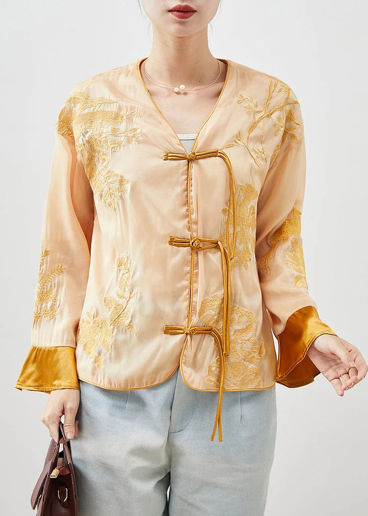 Chinese Style Yellow Embroideried Silk Top Fall