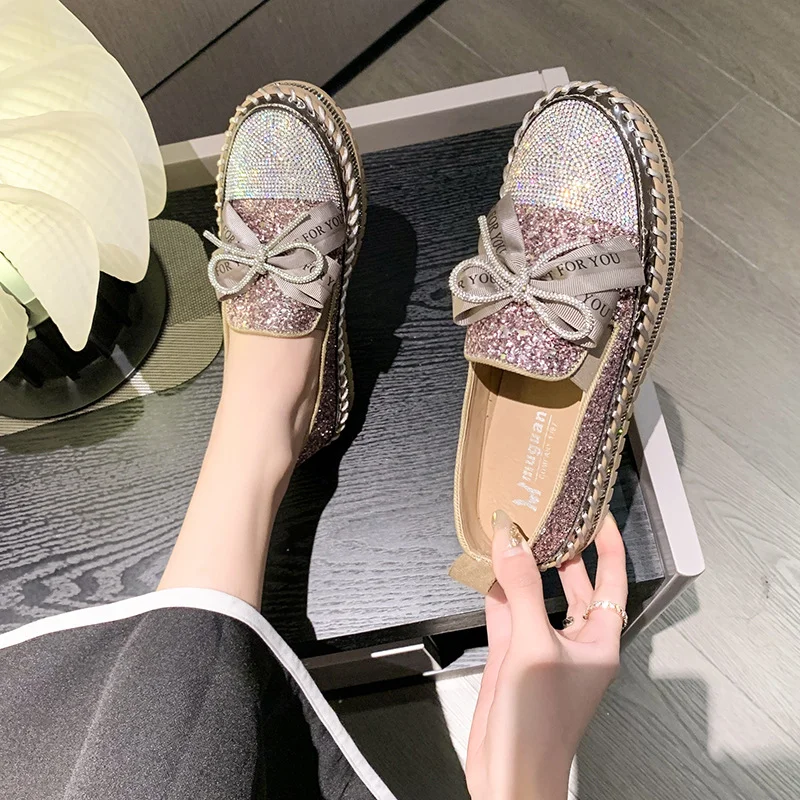Yyvonne Pine Cake Single Shoes Women's Spring And Autumn New Fashion Thick Bottom Water Drill Bow Bow Korean Version Of Pedal Pedalle Lefu Shoes