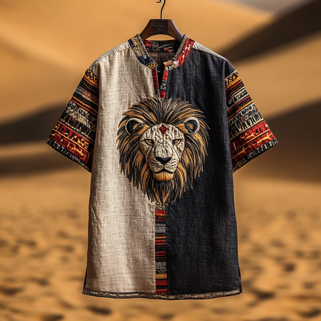 Men's Vintage African Ethnic Contrast Lion Art V-neck Linen Blend Shirt