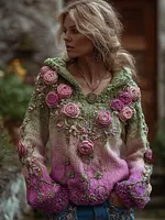 Women's Bohemian Style Pink Purple Rose Gradient Hoodie Sweater