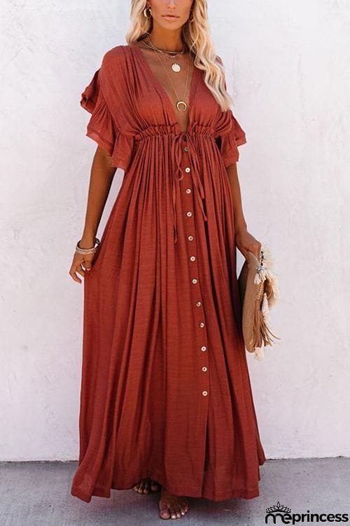 Button Drawstring Waist Bat Maxi Cover Dress