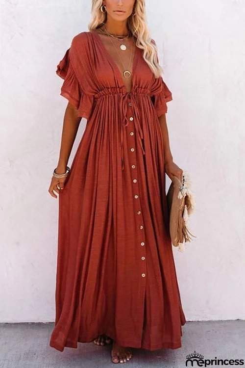 Button Drawstring Waist Bat Maxi Cover Dress
