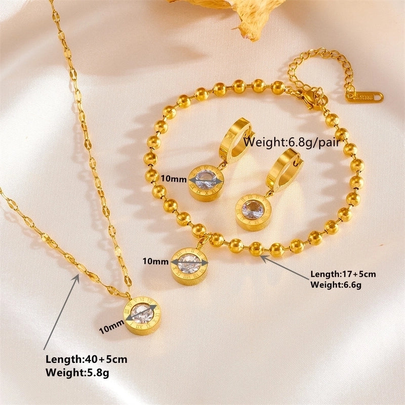 Elegant Classic Style Roman Numeral Titanium Steel Rhinestones 18K Gold Plated Inlay Jewelry Set