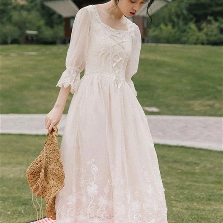 Elegant White Square Collar Lace Embroidered Lace-up 3/4 Sleeves Dress