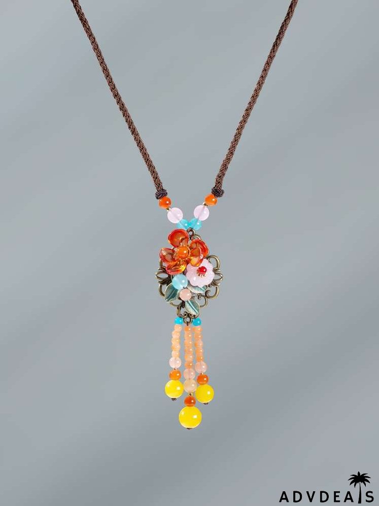 Flower & Bead Tassel Charm Necklace
