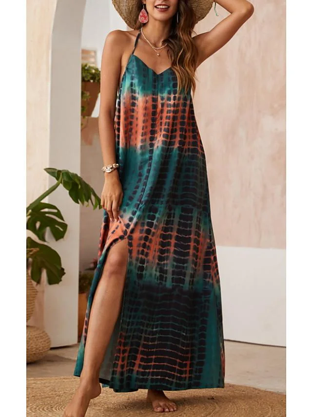 Women's Strap Dress Maxi Long Dress Sleeveless Color Block Backless Summer Casual Blue One-Size